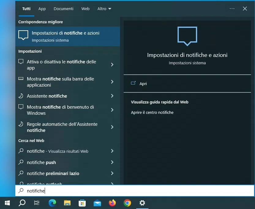 cerca impostazioni di notifica e azioni