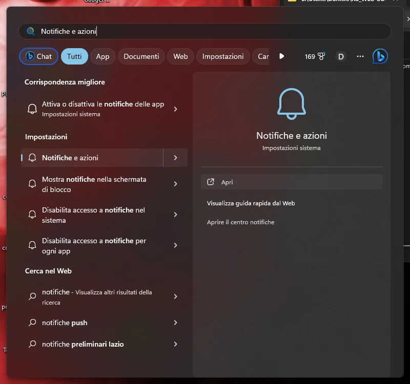 cerca notifiche e azioni