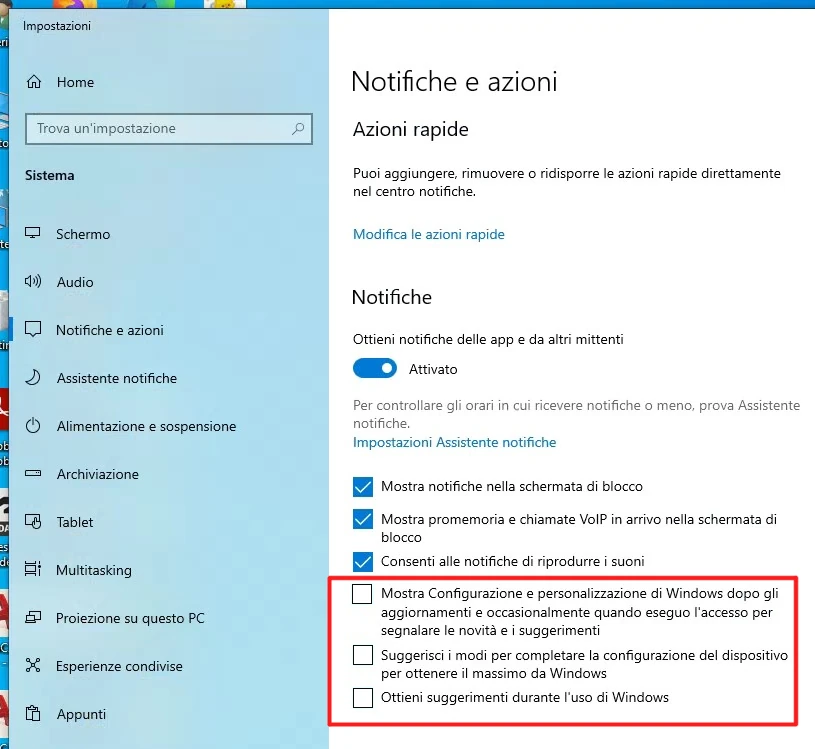 impostazioni di notifica e azioni