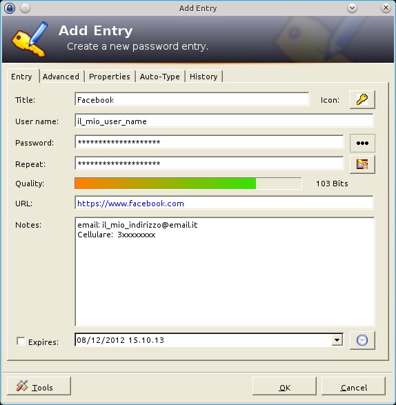 KeePass inserimento account KeePass inserimento account